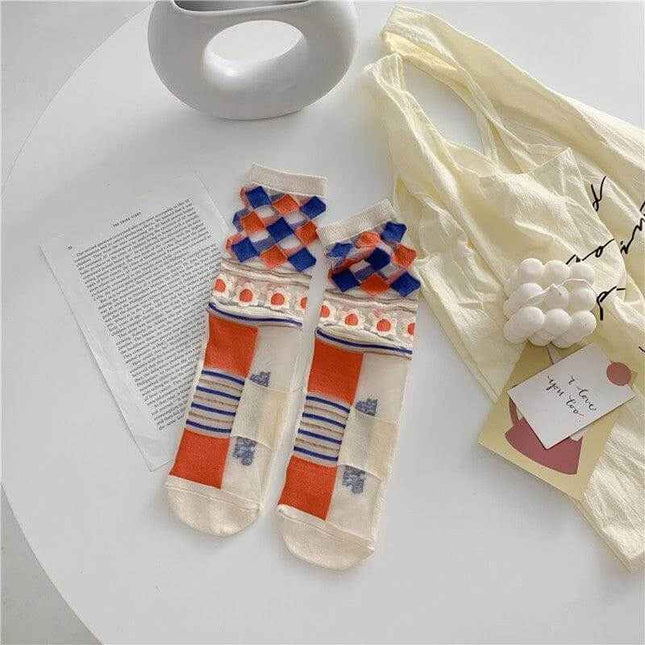 Retro personality breathable glass silk socks with vibrant colors and fun dot pattern.