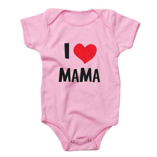 Pink baby romper with "I Heart Mama" print, short-sleeved, soft cotton fabric.