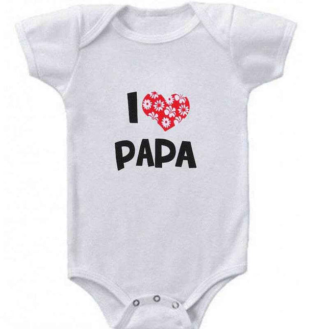 Funny Super Mama Papa printed baby romper, soft cotton, short-sleeved, white, playful design, 0-24 months.