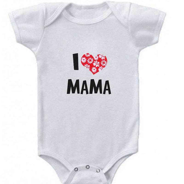 Funny Super Mama Papa printed baby romper in white featuring "I ♥ Mama" design, short-sleeved, cotton fabric, for ages 0-24 months.