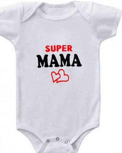 Funny Super Mama Papa printed baby romper in white, short-sleeved cotton bodysuit for boys and girls, ideal for summer and spring.