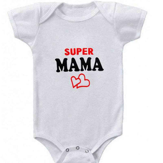 Funny Super Mama Papa printed baby romper in white, short-sleeved cotton bodysuit for boys and girls, ideal for summer and spring.