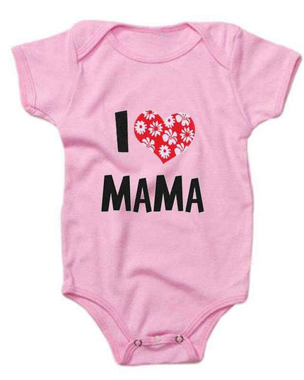 Pink baby romper with "I love Mama" print, short-sleeved, soft cotton fabric.