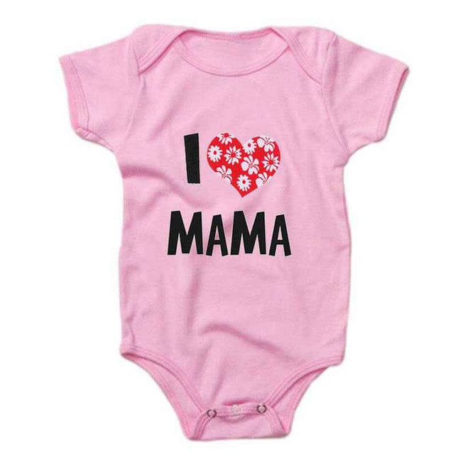 Pink baby romper with "I love Mama" print, short-sleeved, soft cotton fabric.