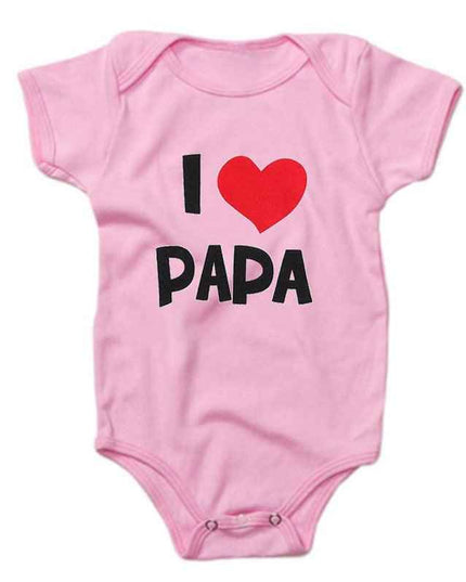 Pink baby romper with "I ♥ Papa" print, featuring short sleeves and a soft cotton fabric.