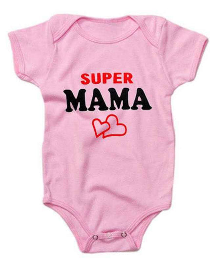 Funny Super Mama Papa printed pink baby romper, short-sleeved, soft cotton, double-breasted closure, 0-24 months.