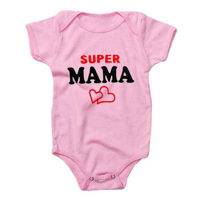 Funny Super Mama Papa printed pink baby romper, short-sleeved, soft cotton, double-breasted closure, 0-24 months.