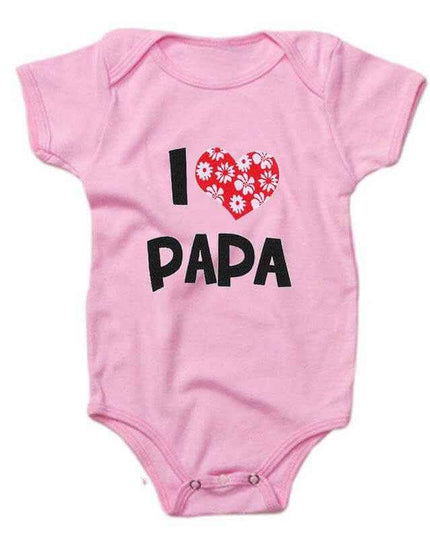 Pink baby romper with "I Love Papa" print, soft cotton fabric, short sleeves, ideal for 0-24 months, summer wear.