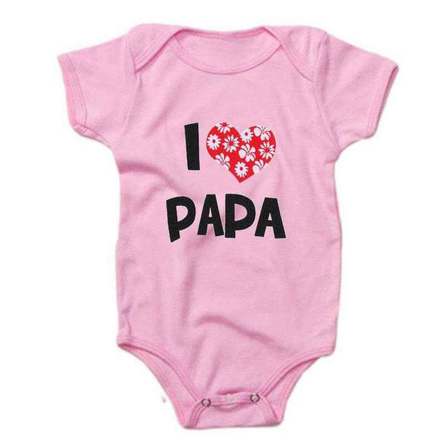 Pink baby romper with "I Love Papa" print, soft cotton fabric, short sleeves, ideal for 0-24 months, summer wear.