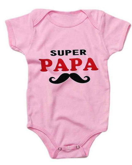 Pink baby romper with "Super Papa" print and mustache design, Funny Super Mama Papa theme.