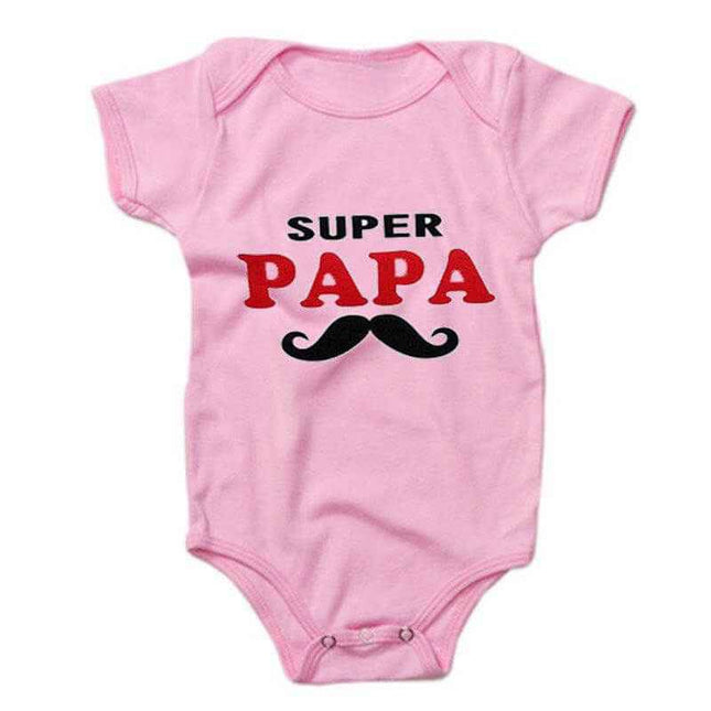 Pink baby romper with "Super Papa" print and mustache design, Funny Super Mama Papa theme.