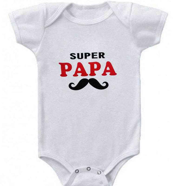 Funny Super Mama Papa printed baby romper, short-sleeved, cotton fabric, stylish design, comfortable for 0-24 months.