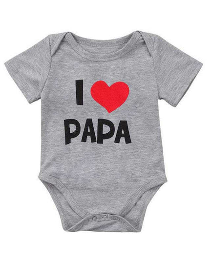 Funny Super Mama Papa printed baby romper in soft cotton fabric, short-sleeved, grey, with "I ❤️ Papa" text.