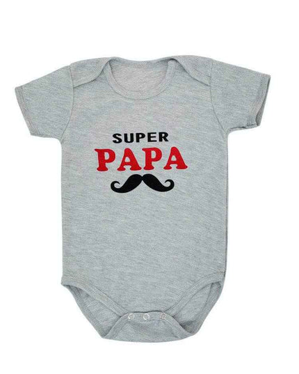 Funny Super Mama Papa printed baby romper, short-sleeved, gray color, cotton fabric.