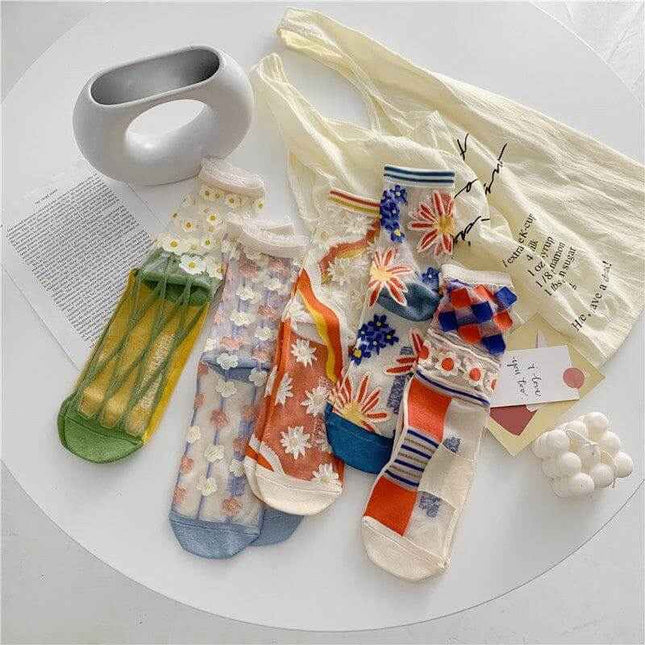 Retro Personality Breathable Glass Silk Bright Color Socks with fun dot patterns displayed on a table.