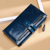 Women's multi card buckle long oil wax leather wallet in dark blue, featuring multiple pockets and a draw buckle.