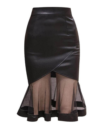 Leather Skirt Women Autumn Long Mesh Splicing Skirt - Plush Fashion Shop #