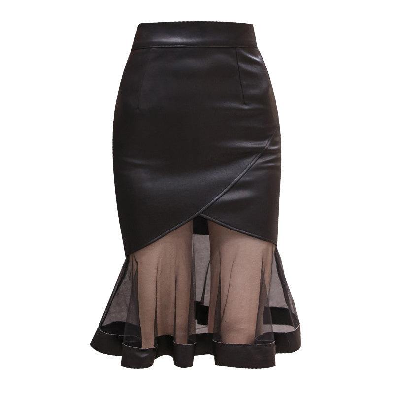 Leather Skirt Women Autumn Long Mesh Splicing Skirt - Plush Fashion Shop #