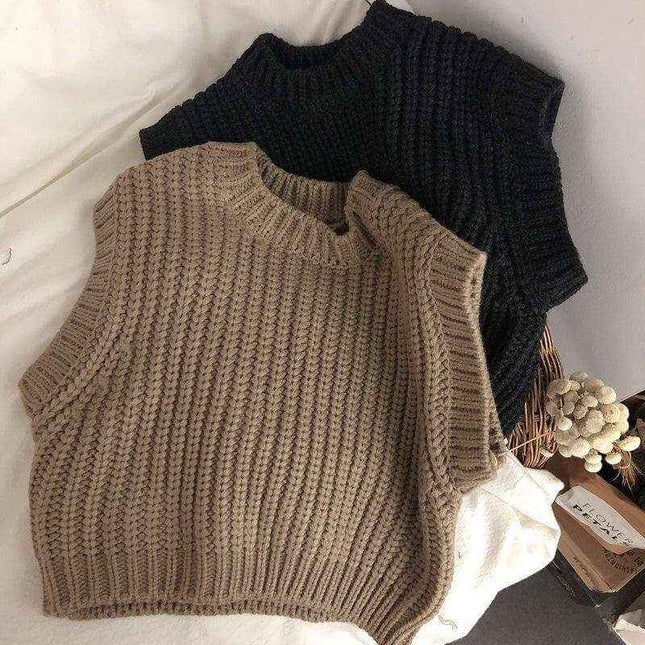 Children's thick stripe pullover sweater for boys and girls in beige and black colors.