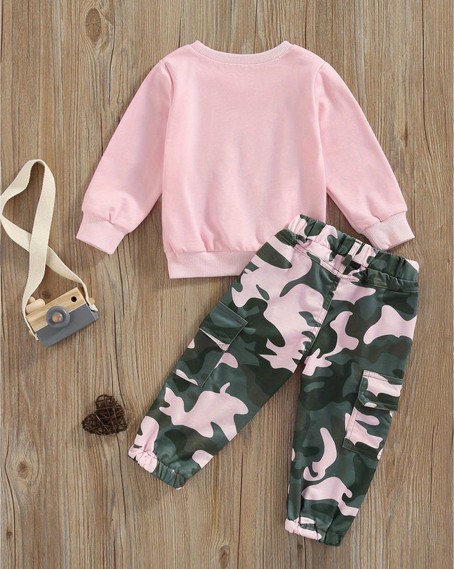 Toddler Baby Girls Fall Fashion Clothes Letter Print Long Sleeve Sweatshirt and Stretch Camouflage Pants - Plush Fashion Shop