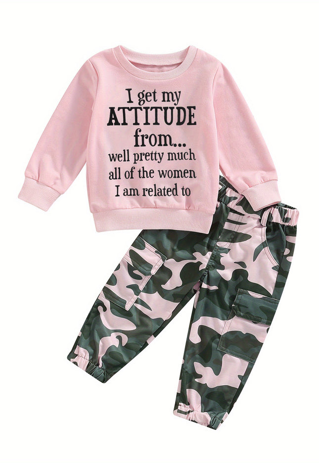 Toddler Baby Girls Fall Fashion Clothes Letter Print Long Sleeve Sweatshirt and Stretch Camouflage Pants - Plush Fashion Shop