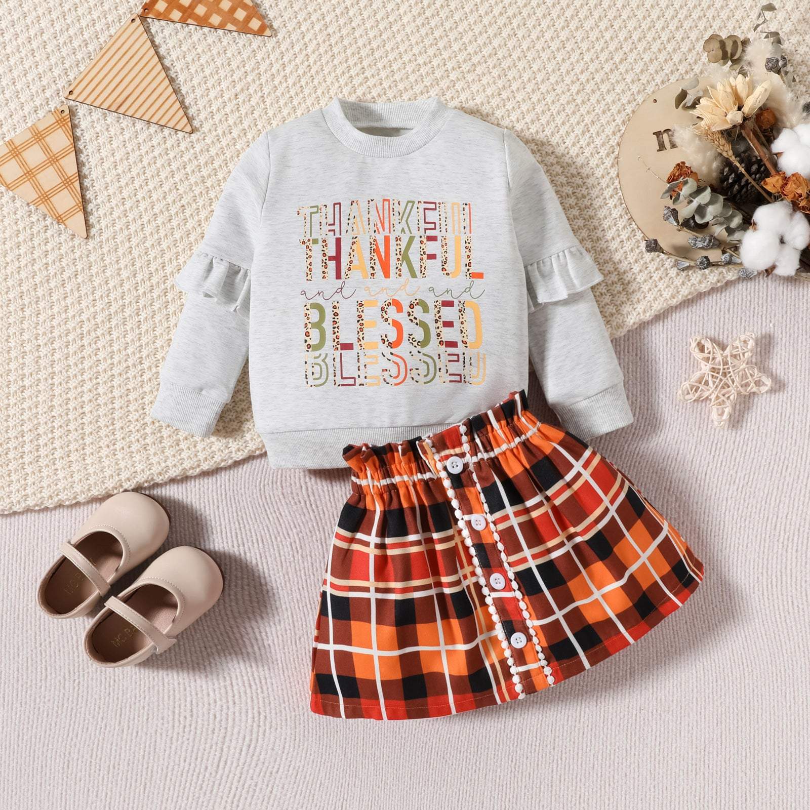 Children's Letter Printed Plaid Sweater Two-piece SetDress your child in style this Thanksgiving with our Children's Clothing Thanksgiving Letter Plaid Printed Sweater Dress Two-piece Set! Made with soft cotton, this sChildrens setPlush Fashions ShopPlush Fashion ShopLetter Printed Plaid Sweater