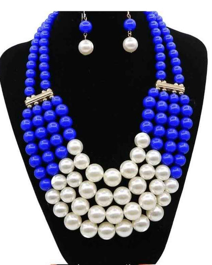 Multi Simulated Pearl Bohemian Jewelry Set with blue and white beads displayed on a mannequin.