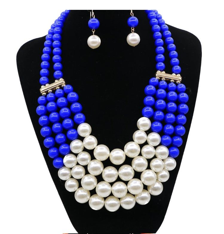 Multi Simulated Pearl Bohemian Jewelry Set with blue and white beads displayed on a mannequin.