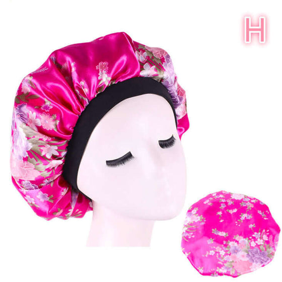 Beauty print satin silk bonnet sleep night cap for smooth, healthy hair.