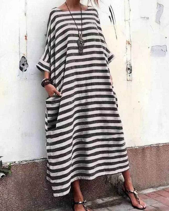 Cotton And Linen Stripes Loose Plus Long Dress