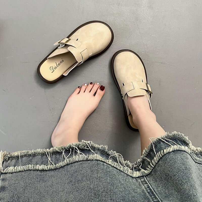 Women's Suede Round Toe Slip-Ons in cream color, featuring comfortable flats.