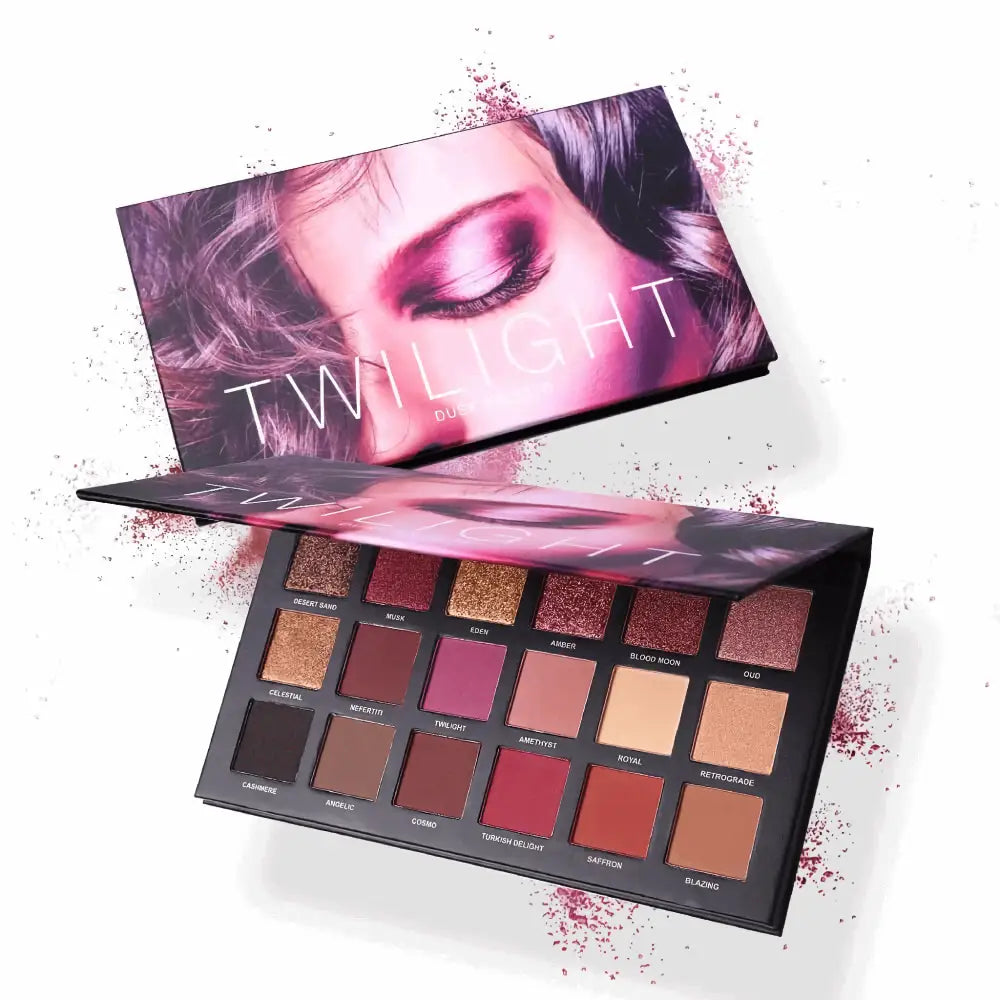 Twilight-themed shadow makeup palette featuring 18 vibrant eyeshadow powder colors