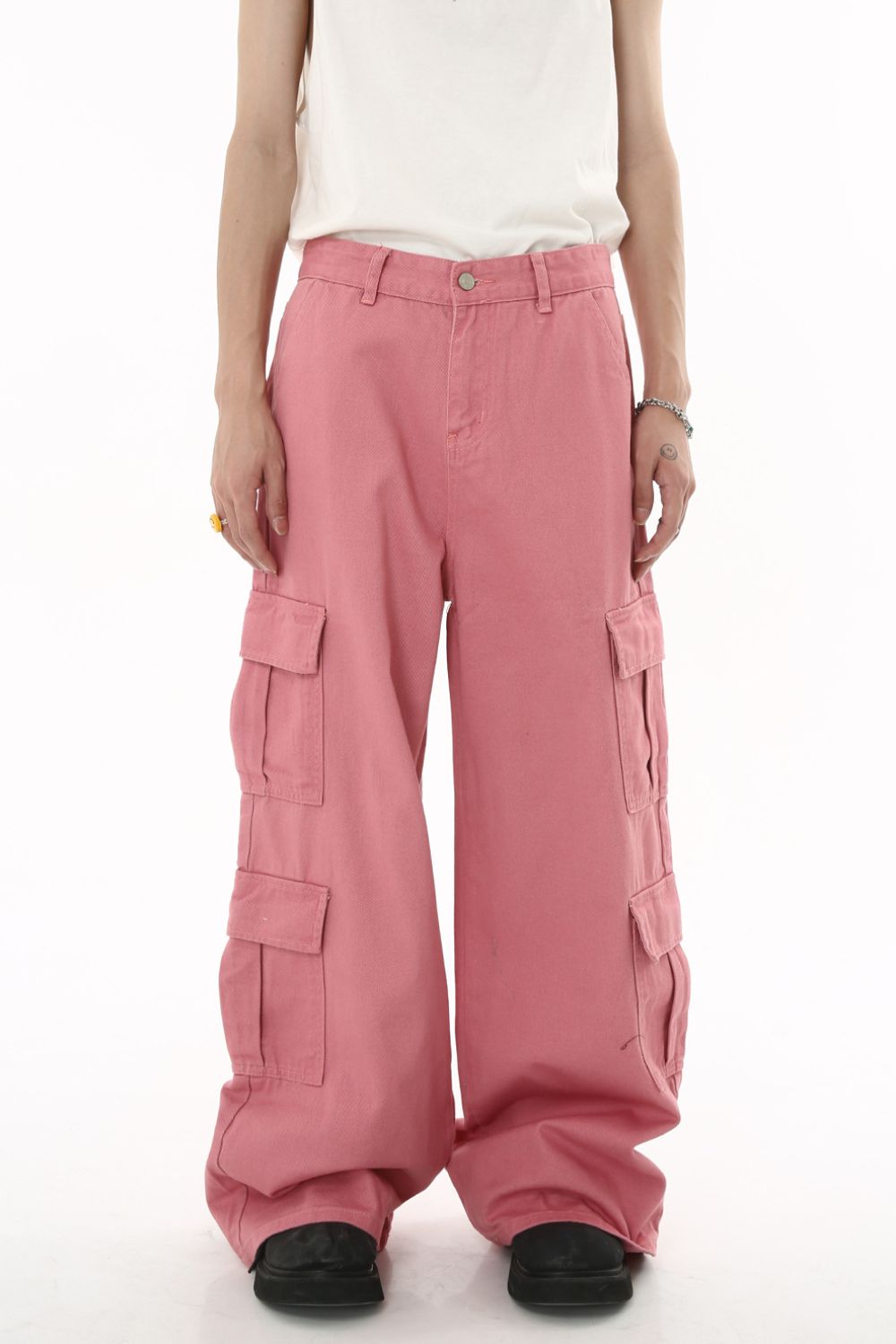 Wide Leg Cargo Jeans in pink with pockets, styled with a white top.