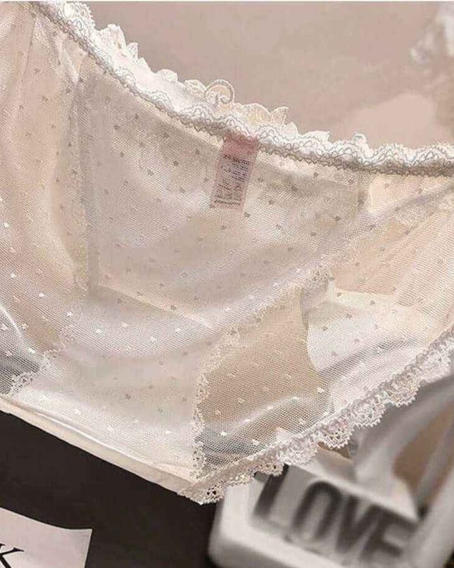 Women's low waist mesh see-through underwear in white with lace trim.