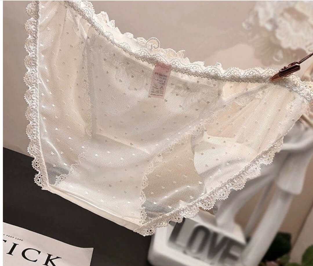 Women's low waist mesh see-through underwear in white with lace trim.