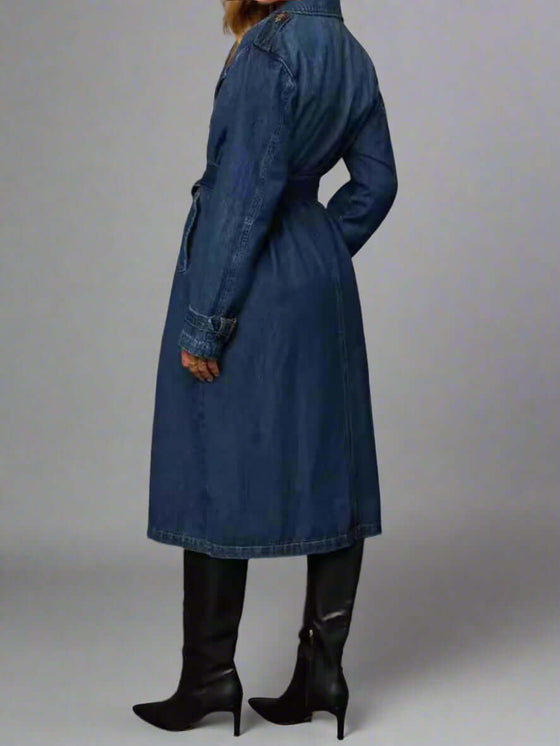 Long Sleeve Longline Denim Jacket in blue with button-up front, shown from the back on a model.