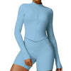 Women's tight long sleeve yoga wear in cloudy blue, high-quality nylon fabric, perfect for workouts.