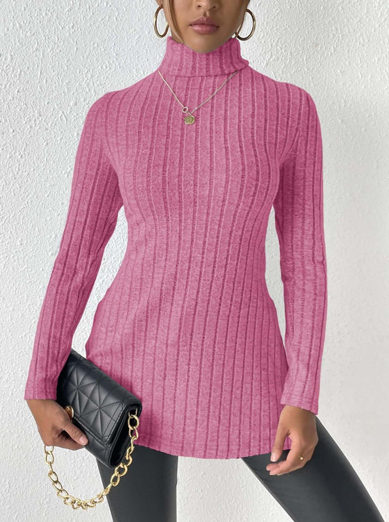 Women's turtleneck pullover clothing sweater in pink velvet, regular fit, mid-length design.