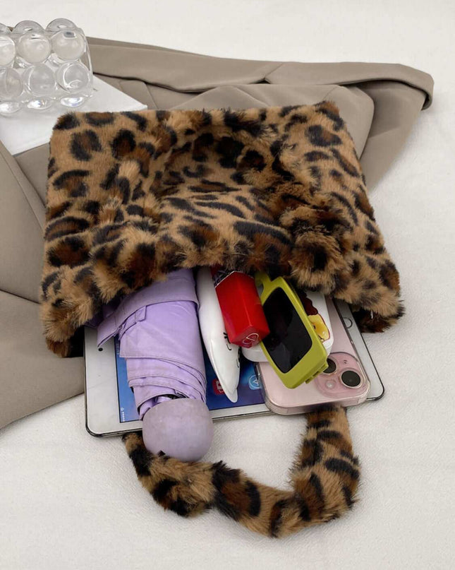 Leopard Fluff Handbag With Zip - Plush Fashion Shop #