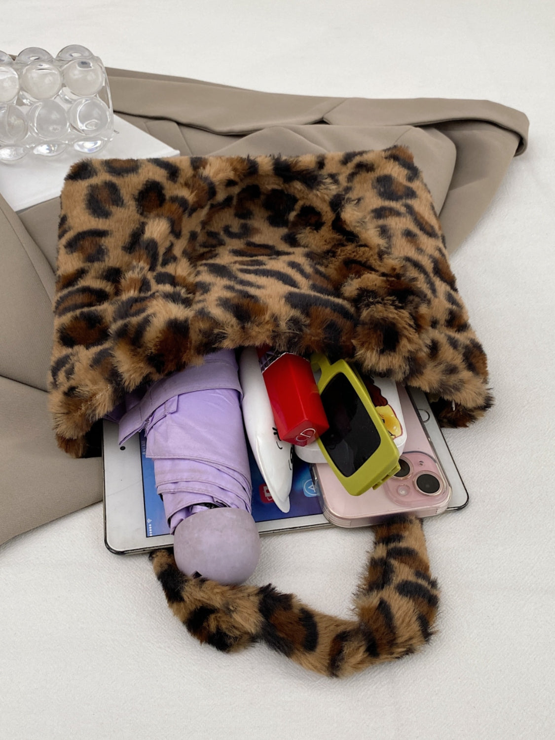 Leopard Fluff Handbag With Zip - Plush Fashion Shop #