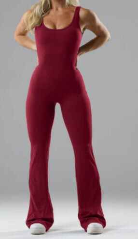 Slim Fit Hip Raise backless jumpsuit in red, showcasing a stylish and comfortable design for workouts.