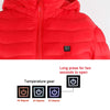 New heated coat controls showing temperature settings for customized warmth in a stylish red design.