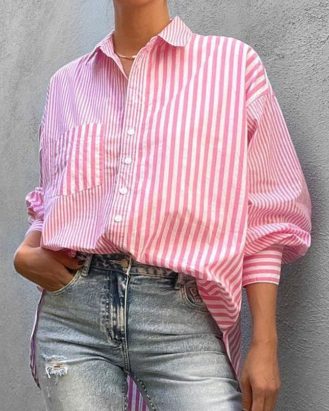 Striped button down long sleeve shirt in pink and white.