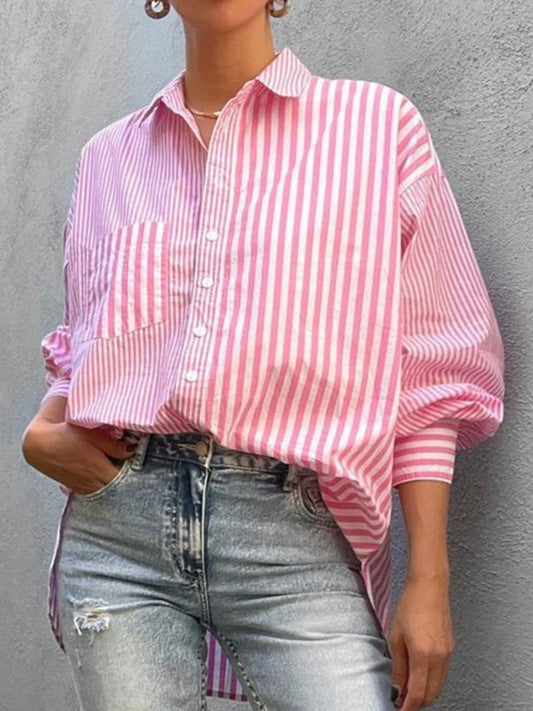 Striped button down long sleeve shirt in pink and white.