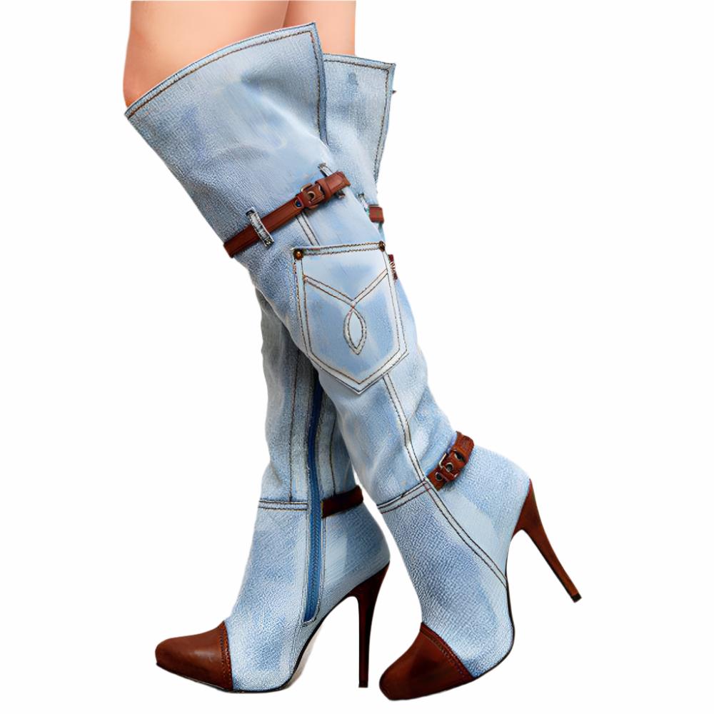 Women's denim plus size knee-high boots with high heels and leather stitching.