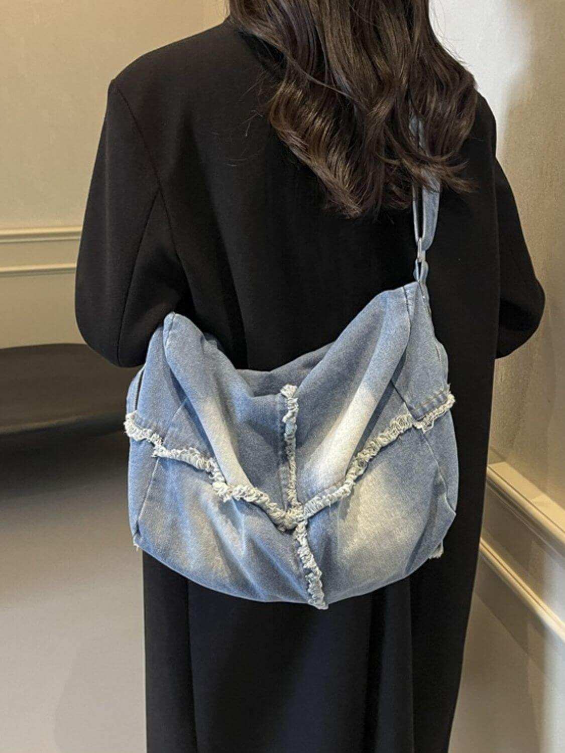 Raw Hem Gradient Crossbody Bag for women in high-quality denim with a spacious interior.