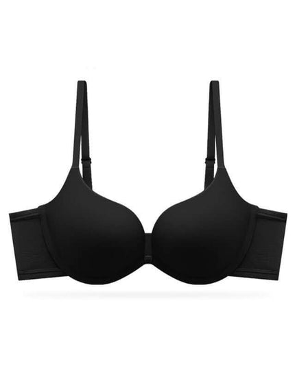 Seamless underwear for women, black push-up thin bra with fixed double-shoulder straps and steel ring for support.