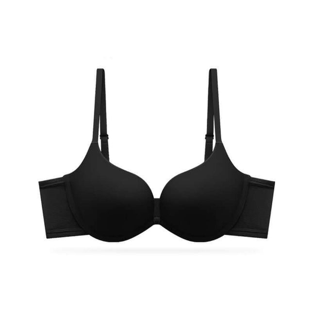 Black seamless push-up bra with fixed double-shoulder straps for women.