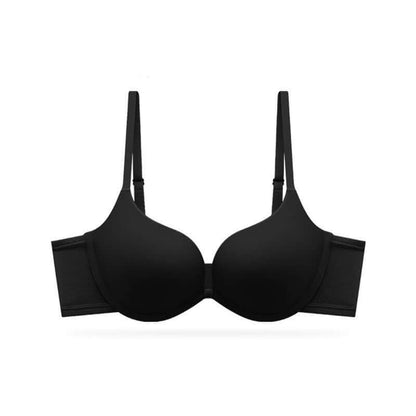 Black seamless push-up bra with fixed double-shoulder straps for women.