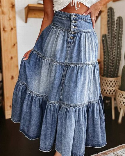 Tiered Button-Fly Denim Skirt - Plush Fashion Shop #